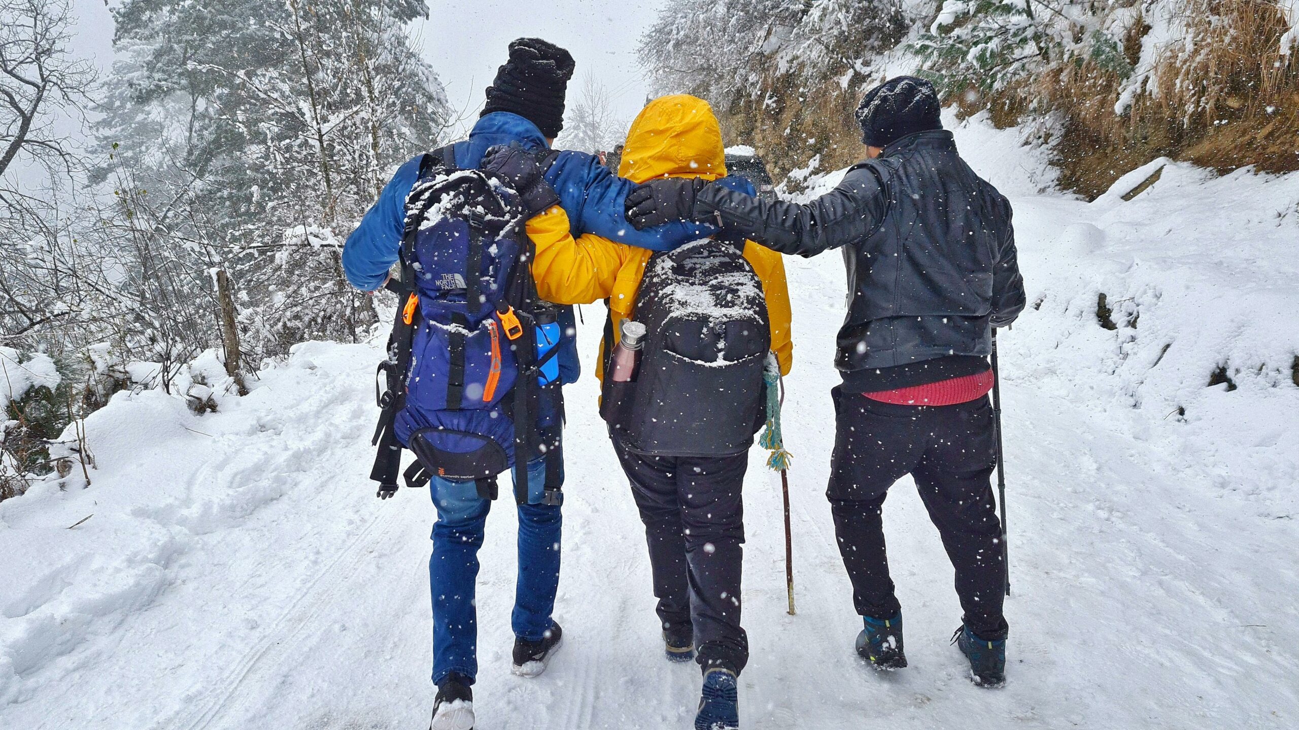 Randonn&eacute;e en groupe dans la neige lors d&rsquo;un s&eacute;jour en location alpes pour groupe