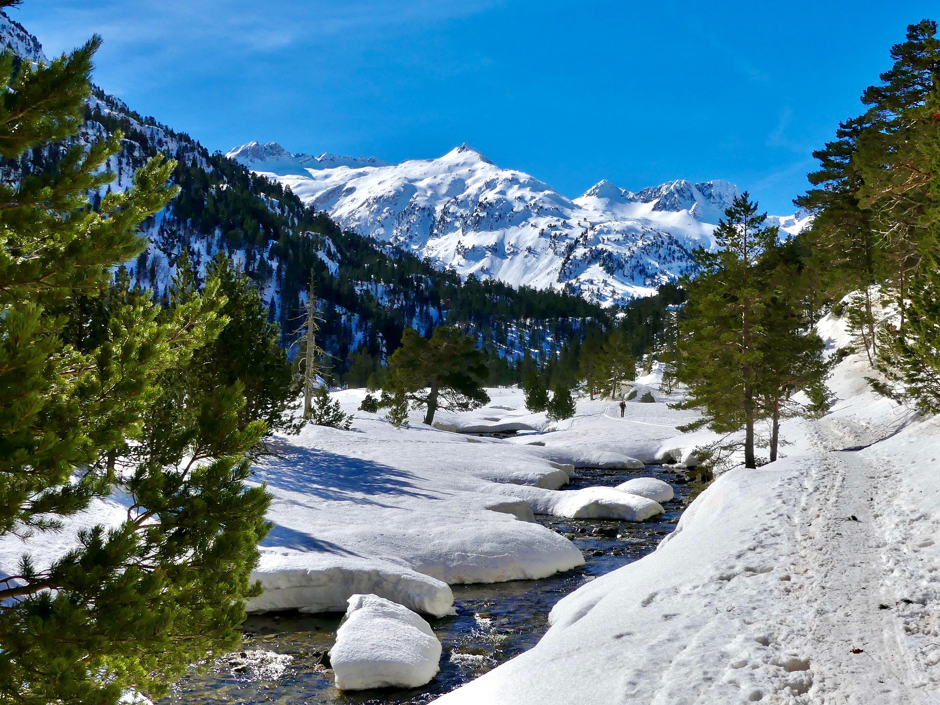 Paysage hivernal du Queyras avec rivi&egrave;re et montagnes enneig&eacute;es