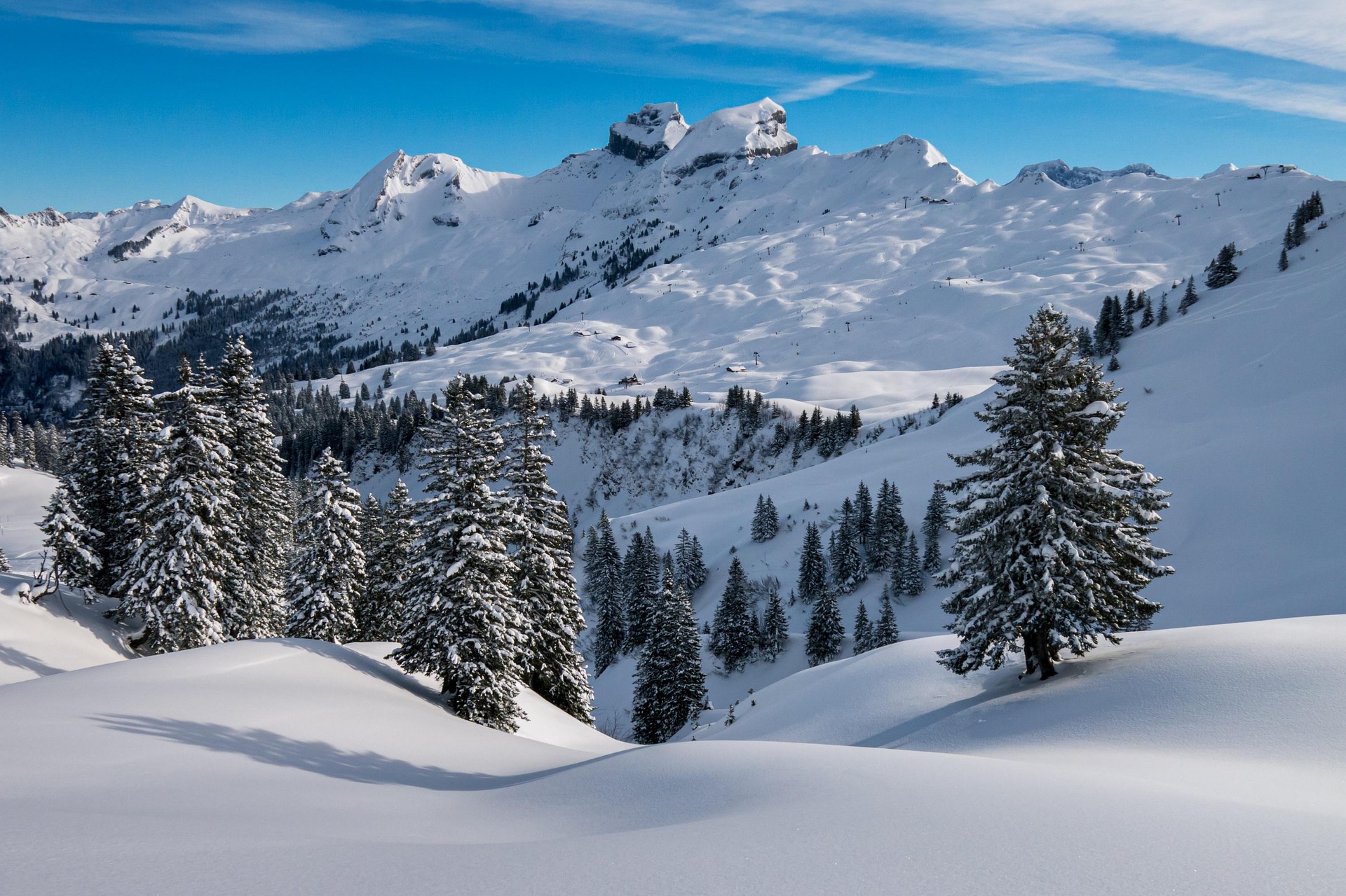 paysage enneig&eacute; avec sapins et montagnes dans les Hautes-Alpes en hiver